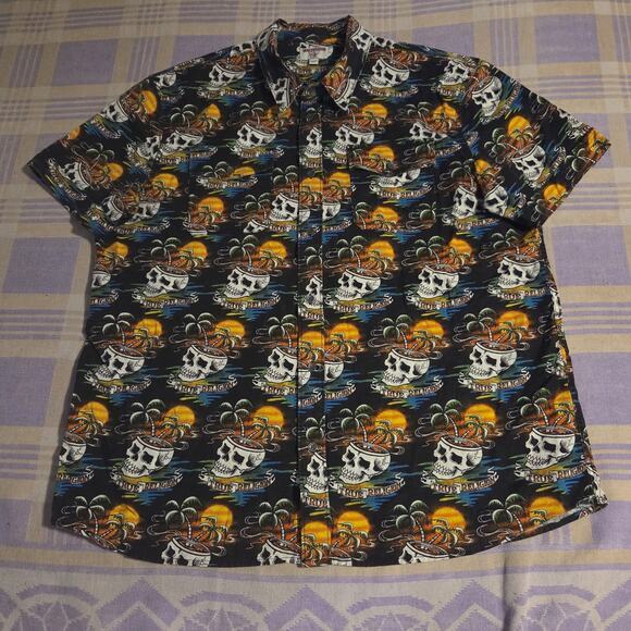 True Religion Beach Skull Hawaiian Shirt Mens 3XL Colorful Button Up Casual Tree - Picture 1 of 8